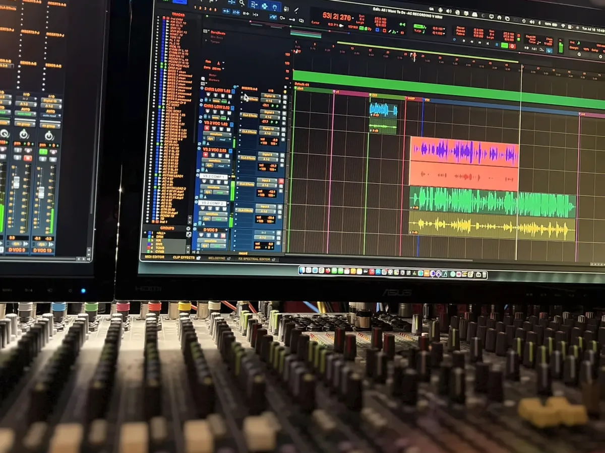 Console and DAW screens at KRM Studios