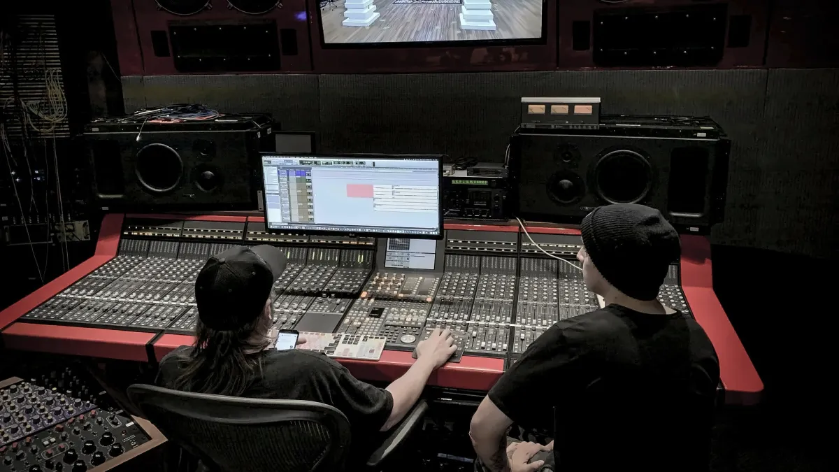 Wide view of the control room at The Platinum Underground during a session