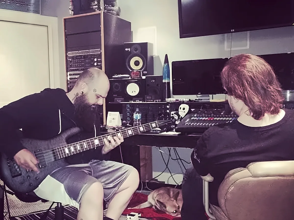Richard Easterling recording bass with Chad Hanks of American Head Charge at Third Sky Studio